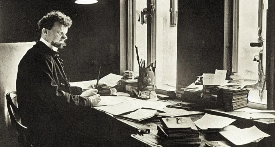 Image similar to august strindberg writing at a secretary desk in a small viennese apartment, lamplight, victorian era, depth of field