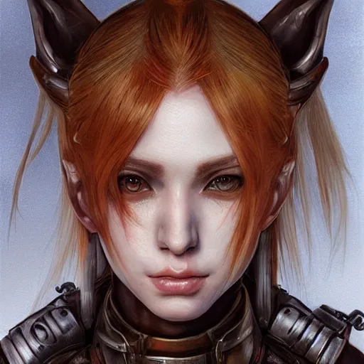 Image similar to portrait of a female elf orc by ayami kojima, she is about 2 0 years old, american pretty, copper hair, annoying but friendly, she is wearing a modern tactical gear, scifi, highly detailed portrait, digital painting, artstation, concept art, smooth, sharp foccus ilustration, artstation hq