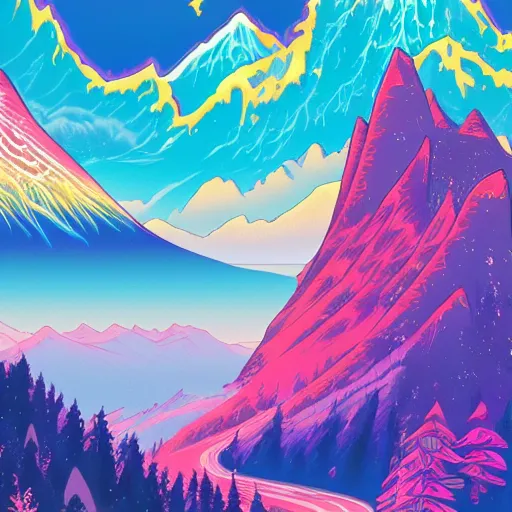 Prompt: a detailed illustration of a mountain anime art by lisa frank, dan mumford, trending on artstation, wallpaper 4 k