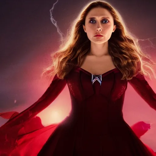 Prompt: elizabeth olsen as the scarlet witch, floating in the air as she emanates magic from her palms, full - body portrait, 3 5 mm!!!!! photography, disdain facial expression, messy!!!!! hair, trending on artstation, photorealistic!!!!!, 4 k, 8 k