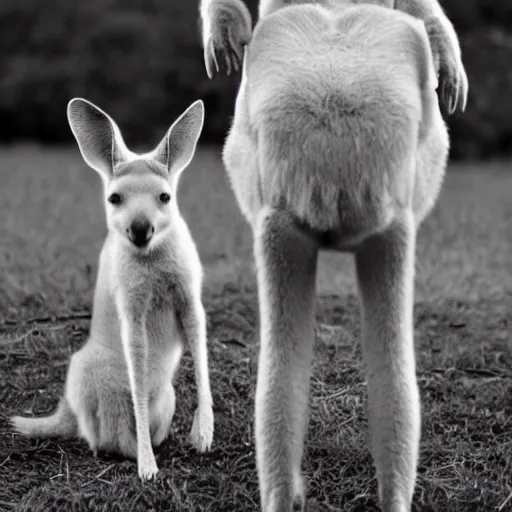 Prompt: a kangaroo and a very cute white rural dog photograph, high quality, award winning