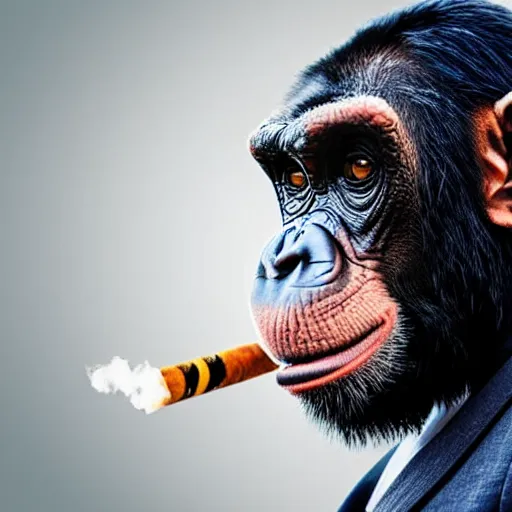 Image similar to a high detail shot of a chimp wearing a suit and smoking