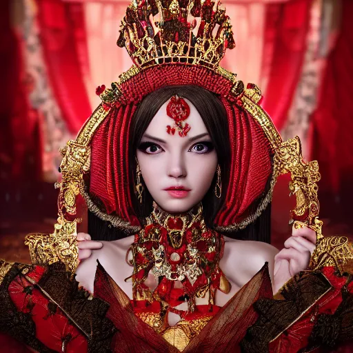 Image similar to wonderful princess with smooth fair skin, alluring eyes, red jewelry, breathtaking, elegant, intricate, ornate backdrop, hyper detailed, accent lighting, 4 k glamour photography, octane render