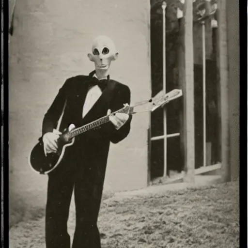 Prompt: vintage photograph of count orlok outside his castle, playing the blues on banjo, castle in the background, 4 k