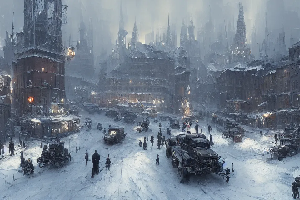 Image similar to highly detailed painting of dieselpunk stockholm, winter, snow, dystopia, by greg rutkowski, by raphael lacoste, 4 k resolution, trending on artstation