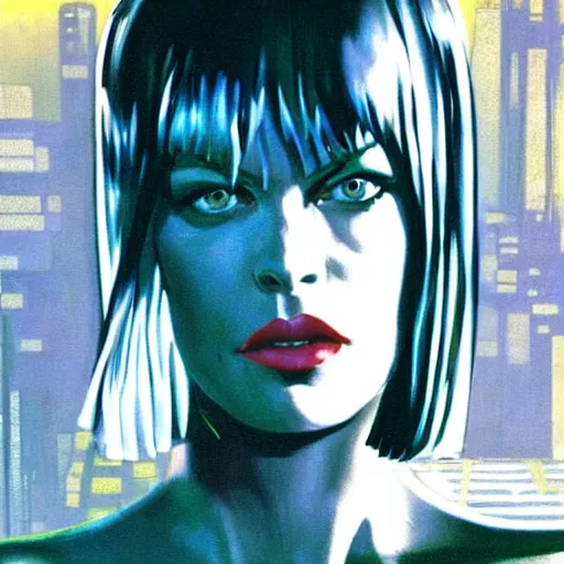 Image similar to milla jovovich as leeloo portrait in the foreground of art by syd mead scifi sharp neon city