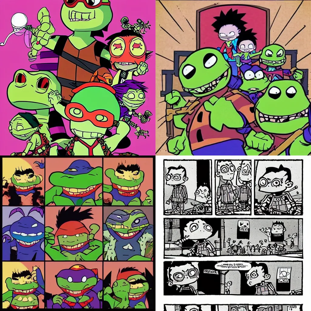 Prompt: “The Rugrats fight the Ninja Turtles, in the style of Jhonen Vasquez”