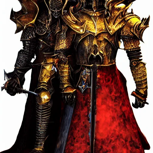 Image similar to double portrait the great death knight dark souls in golden red armor made of polished dragon bones looks relaxed, quantum physics, victorian era