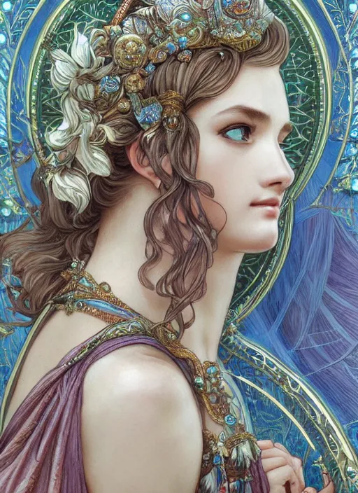 Prompt: Saint Celestine as a Greek Goddess, beautiful detailed eyes, cute, fantasy, intricate, elegant, highly detailed, digital painting, 4k, HDR, concept art, detailed jewelry, smooth, sharp focus, illustration, art by Artgerm, H R Giger and Alphonse Mucha