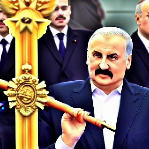 Prompt: president of belorussia, alexander lukashenko in anime with golden long wand in his hands in anime style, sailor moon, anime, perfect faces, fine details