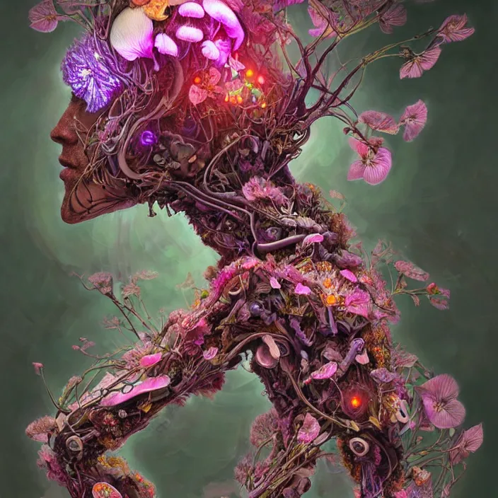 Image similar to extremely psychedelic organic cyborg made of orchid and cherry blossom tree and mushroom, LSD elk, diffuse lighting, fantasy, intricate, elegant, highly detailed, lifelike, photorealistic, digital painting, artstation, illustration, concept art, smooth, sharp focus, art by John Collier and Albert Aublet and Krenz Cushart and Artem Demura and Alphonse Mucha