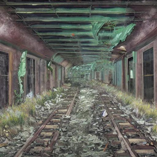 Prompt: the ravages of time, a painting of an abandoned and overgrown subway station