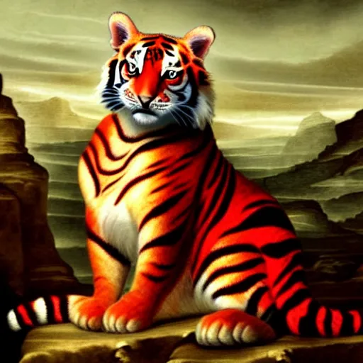 Image similar to a red tiger as the king of a kingdom sitting on his throne, digital art, renaissance painting, fantasy art, ultra detailed, as coherent as Dall-E 2