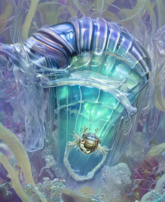 Image similar to opulent transparent clear see - through portrait of a terrifying beautiful male human isopod sea slug, mottled coloring, adorable, childlike, overgrown biopunk jungle environment, ultra realistic, concept art, art nouveau, photorealistic, octane render, 8 k, unreal engine. art by christopher marley and artgerm and greg rutkowski and alphonse mucha