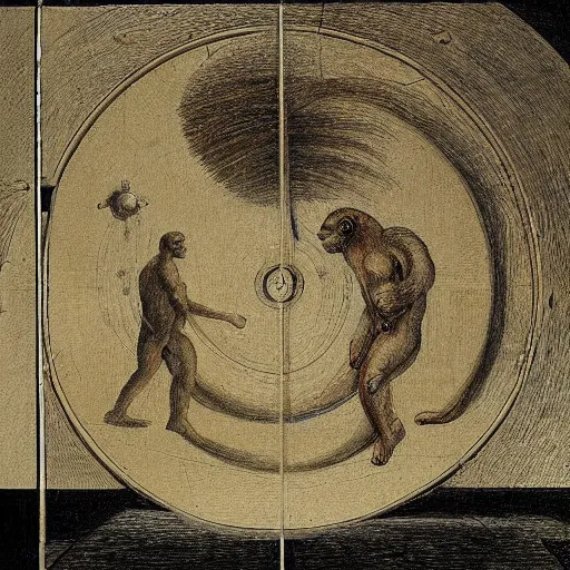 Prompt: hyper realistic, space monkey and astronaut opening door that shows space and time created by davinci with extra detail, epic, golden ratio.