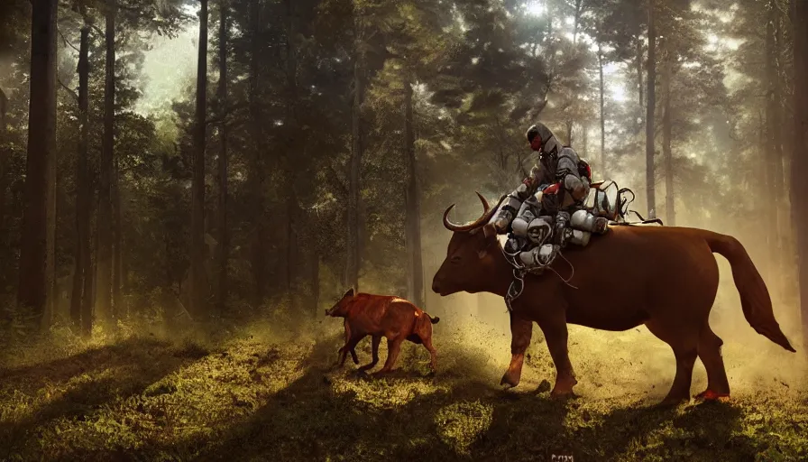 Image similar to american astronaut in the forest riding a bull, objects well lit, plants environment, wide angle, cinematic lighting, atmospheric, realistic, octane render, highly detailed, color graded, in the style of craig mullins