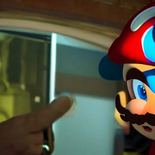 Image similar to chris pratt as mario, move still, cinematic lighting