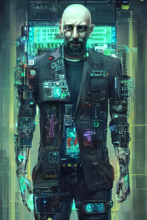 Image similar to a full body illustration of an male cyberpunk character wearing bionic implants, criminal mugshot, bald, bearded, highly detailed, oil on canvas, soft lighting, neon pastel colors, by WLOP and Greg Staples, HD, 4K