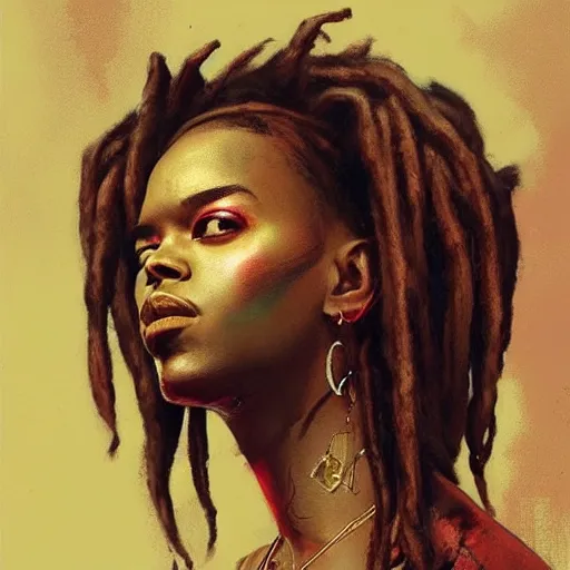 Prompt: a beautiful portrait of a hip hop artist with dreads by greg rutkowski and bill sienkiewicz trending on artstation