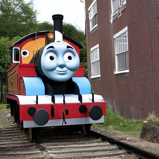 Prompt: Thomas the tank engine walks down the street