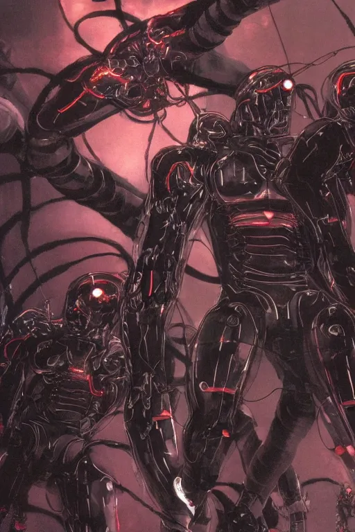 Prompt: god arc soldiers in crynet nanosuit with biological muscle augmentation, at dusk, a color illustration by tsutomu nihei, tetsuo hara and katsuhiro otomo