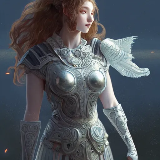 Image similar to portrait young knights of Zodiac girl, matt white color armor, in ruined Agora of Athens Sunrise, ssci-fi and fantasy, intricate and very beautiful and elegant, highly detailed, digital painting, artstation, concept art, smooth and sharp focus, illustration, art by tian zi and WLOP and alphonse mucha