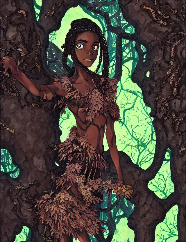 Image similar to black - skinned princess of the lichen woods. this gouache painting by the award - winning mangaka has an interesting color scheme, plenty of details and impeccable lighting.