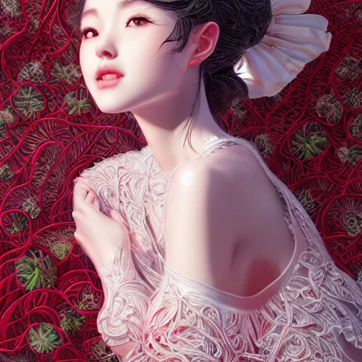 Image similar to the portrait of an absurdly beautiful, graceful, elegant, sophisticated, fashionable young gravure idol made of strawberries and white petals, an ultrafine hyperdetailed illustration by kim jung gi, irakli nadar, intricate linework, bright colors, octopath traveler, final fantasy, unreal engine 5 highly rendered, global illumination, radiant light, detailed and intricate environment