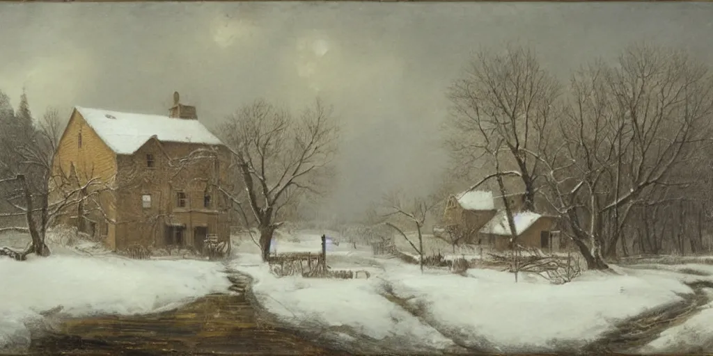 Image similar to a house during a severe winter, by george henry durrie