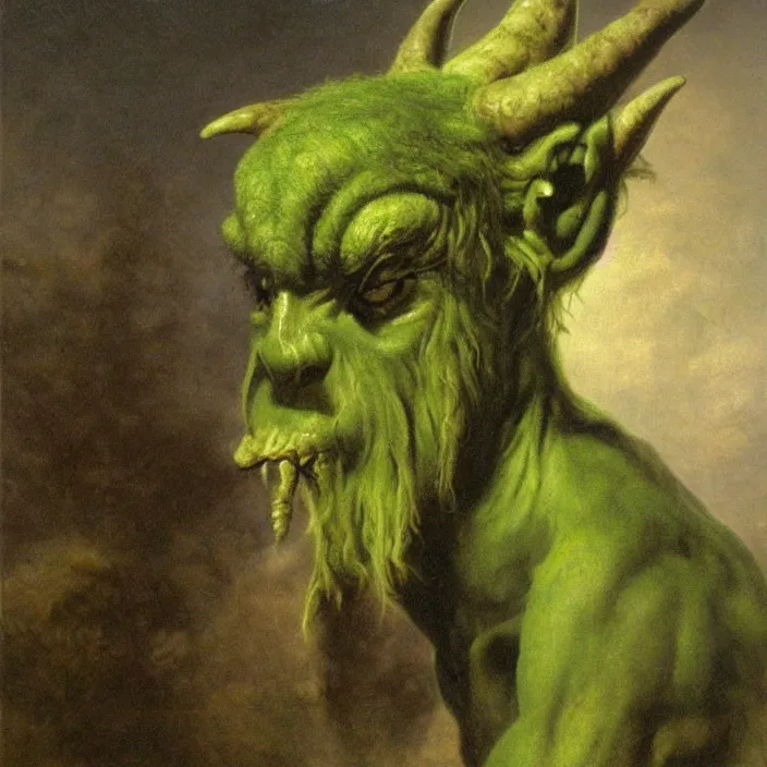 Prompt: a green-horned goblin monster, by Odd Nerdrum