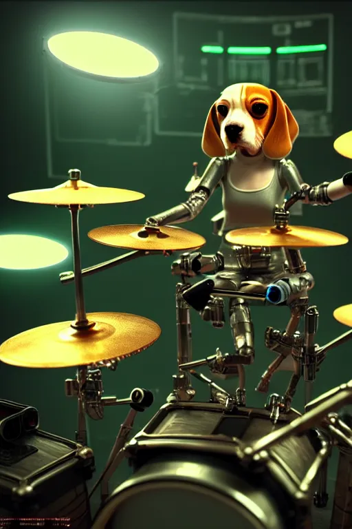 Prompt: high quality 3 d render very cute cyborg beagle plays drums!, cyberpunk highly detailed, unreal engine cinematic smooth, in the style of blade runner & pixar, hannah yata charlie immer, moody light, low angle, uhd 8 k, sharp focus