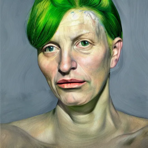 Prompt: high quality high detail painting by lucian freud, hd, green hair woman portrait, photorealistic lighting