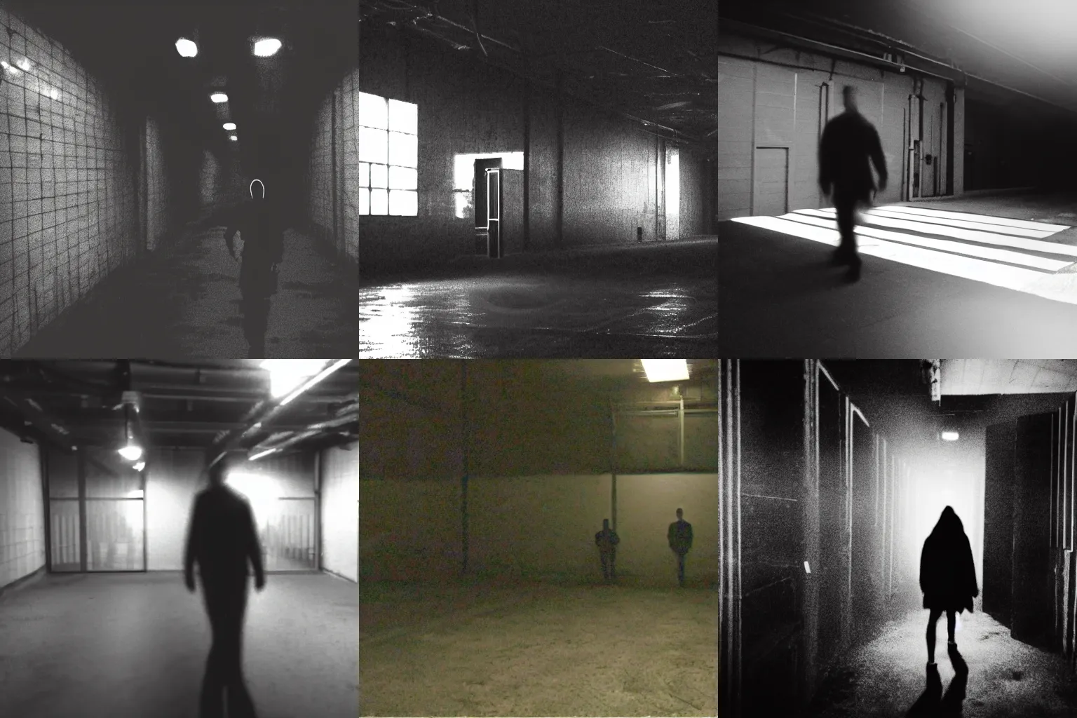 Prompt: surveilance video of a dark warehouse with a strange blurry figure roaming around in the shadows