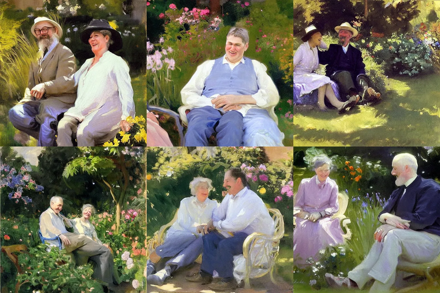 Prompt: a painting of a happy 60 year old man and a happy 60 year old woman sitting in a garden together, by john singer sargent