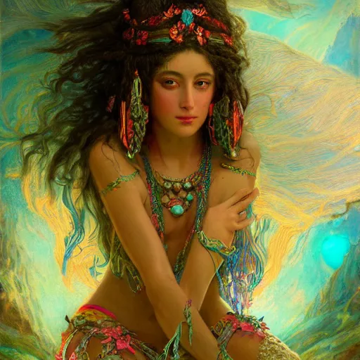 Image similar to artstation, intricate detail, hyper detail, portrait by gaston bussiere, tan skin, lady of elche, egyptian sumerian features, techno mystic goddess princess intergalactica inanna with aqua neon rapunzel dreadlocks,