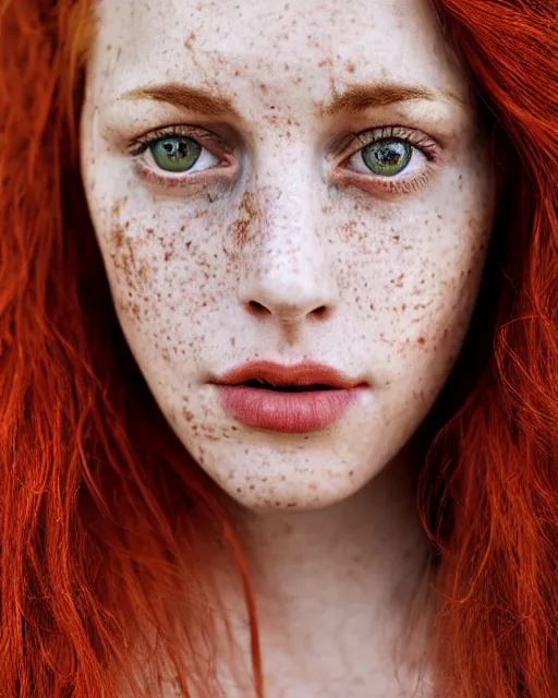 Image similar to Close-up portrait of a woman , close-up, high sharpness, zeiss lens, fashion photo shoot, flowers, red hair, freckles, Annie Leibovitz and Steve McCurry, David Lazar, Jimmy Nelsson, artistic, hyper-realistic, beautiful face, octane rendering