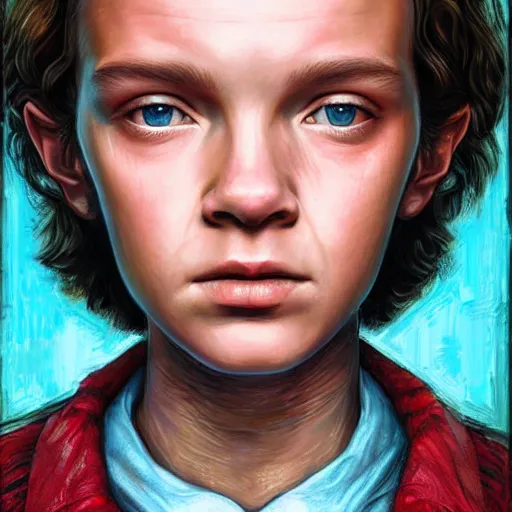 Prompt: beautiful portrait of Eleven from Stranger things (((Tim Okamura))), detailed!!!