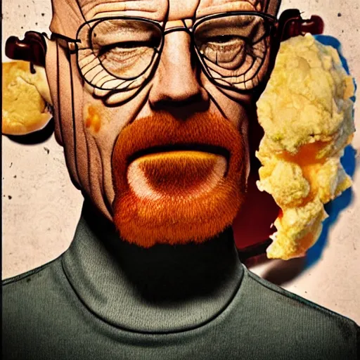 Image similar to Walter White, Heisenberg, Depicted as a large angus steakburger, food photography, body horror