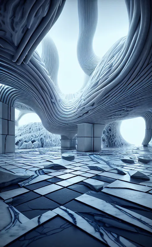 Image similar to highly detailed 3 d render cinematic composition of a smooth marble stone ceramic white fluid fractal sci - fi surreal architecture landscape, magnesium, archviz, vincent callebaut composition, mamou - mani, beautiful lighting, hyper detailed, 8 k, unreal engine, hdr, dof