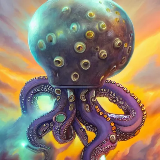 Image similar to steve harvey head on a cyborg octopus, conquering earth, epic battle scene, 8 k, sci - fi fantasy painting, highly detailed, digital painting, trending on artnet