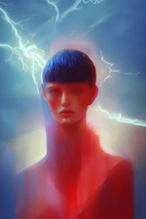 Image similar to 3 d, sci - fi, morning, sun rays, sleepy fashion model face, cinematic, lightning clouds, vogue cover style, stanley kubrick, light red and deep blue mood, realistic painting, intricate oil painting, high detail, figurative art, multiple exposure, poster art, 3 d, by tooth wu and wlop and beeple and greg rutkowski