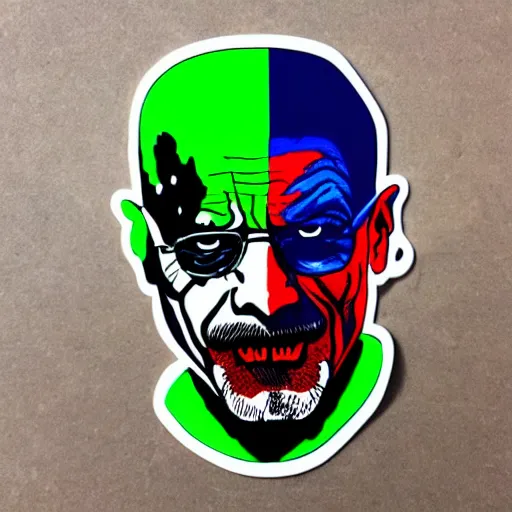 Image similar to die cut sticker, walter white wearing the joker outfit, splatter paint