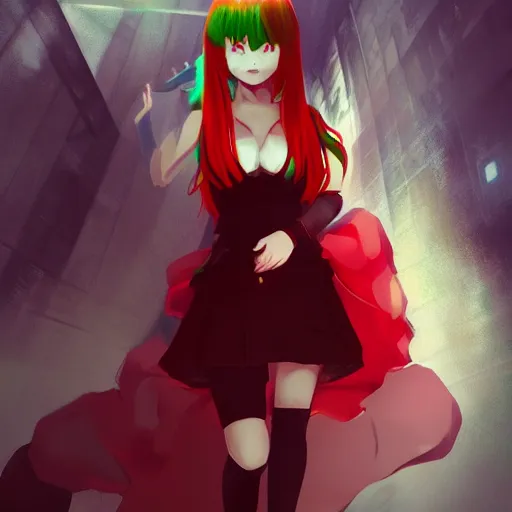 Prompt: a girl wearing a red dress, she has red eyes and green hair, anime art, HD, ambient lighting, artstation, smooth