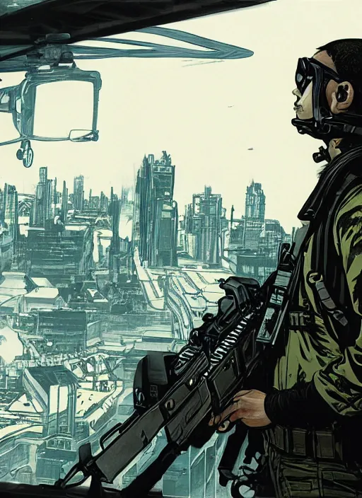 Image similar to Hector. USN blackops operator looking at city skyline. Agent wearing Futuristic stealth suit. rb6s, MGS, and splinter cell Concept art by James Gurney, Alphonso Mucha.