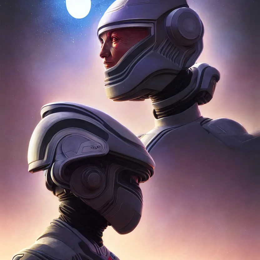 Image similar to portrait of a starship captain with a helmet as an apex legends character digital illustration portrait design by, wayne barlowe detailed, gorgeous lighting, wide angle action dynamic portrait