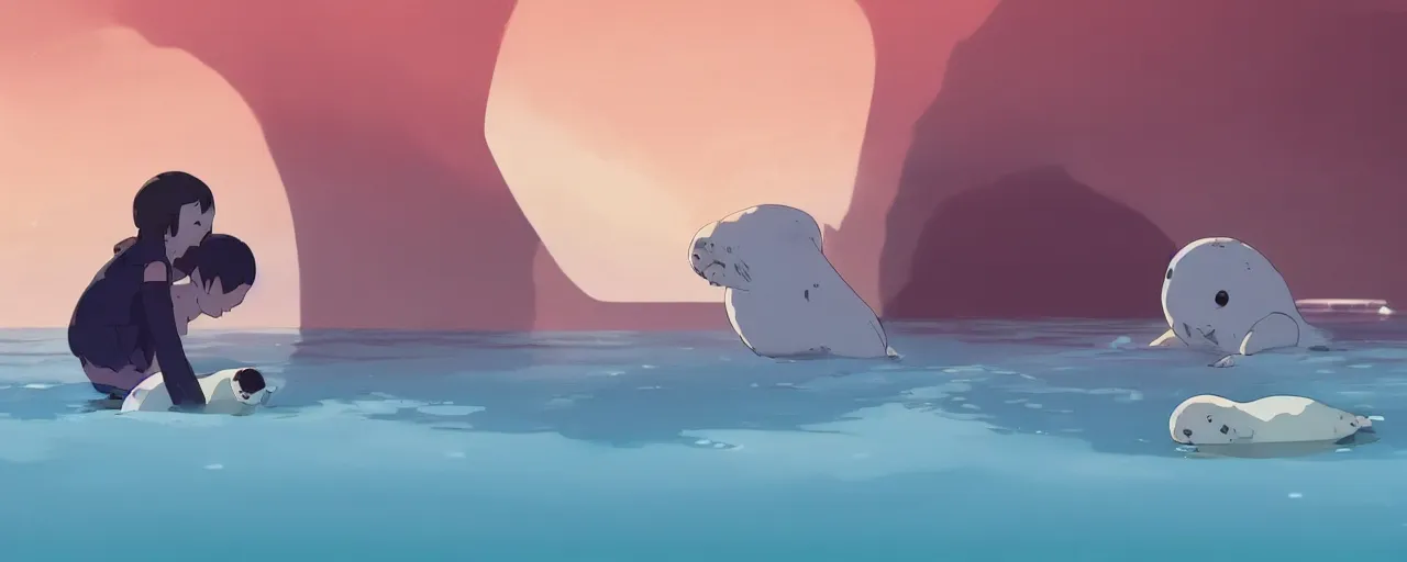 Image similar to a dead baby harp seal on the bottom of the ocean, atey ghailan, goro fujita, studio ghibli, rim light, dark lighting, clear focus, very coherent,