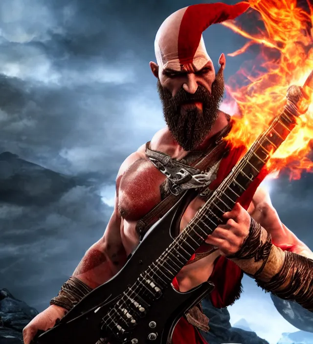 Image similar to kratos shredding on a flaming stratocaster guitar guitar, cinematic render, god of war 2 0 1 8, santa monica studio official media, lightning, stripe over eye