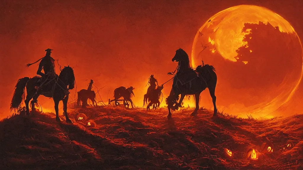 Image similar to a jack - o - lantern headed colonial rider!!!! on lone rampant!!! ( ( black horse ) ) with fiery eyes, background gnarled trees and large supermoon, in the styles of greg rutkowski, keith parkinson, and john quidor, intricate, detailed, volumetric lighting