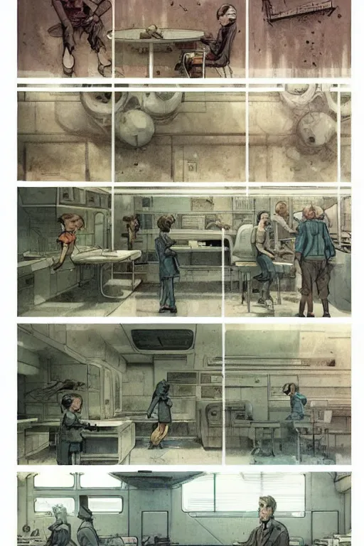 Image similar to graphic novel page layout ( ( ( ( ( 1 9 5 0 s retro future boy super scientest lab interior. muted colors. ) ) ) ) ) by jean - baptiste monge!!!!!!!!!!!!!!!!!!!!!!!!!!!!!!