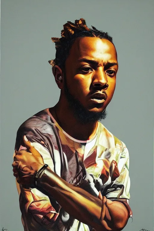 Prompt: Kendrick lamar, portrait by Kehinde Wiley!!, oil paint on canvas, brushstrokes,